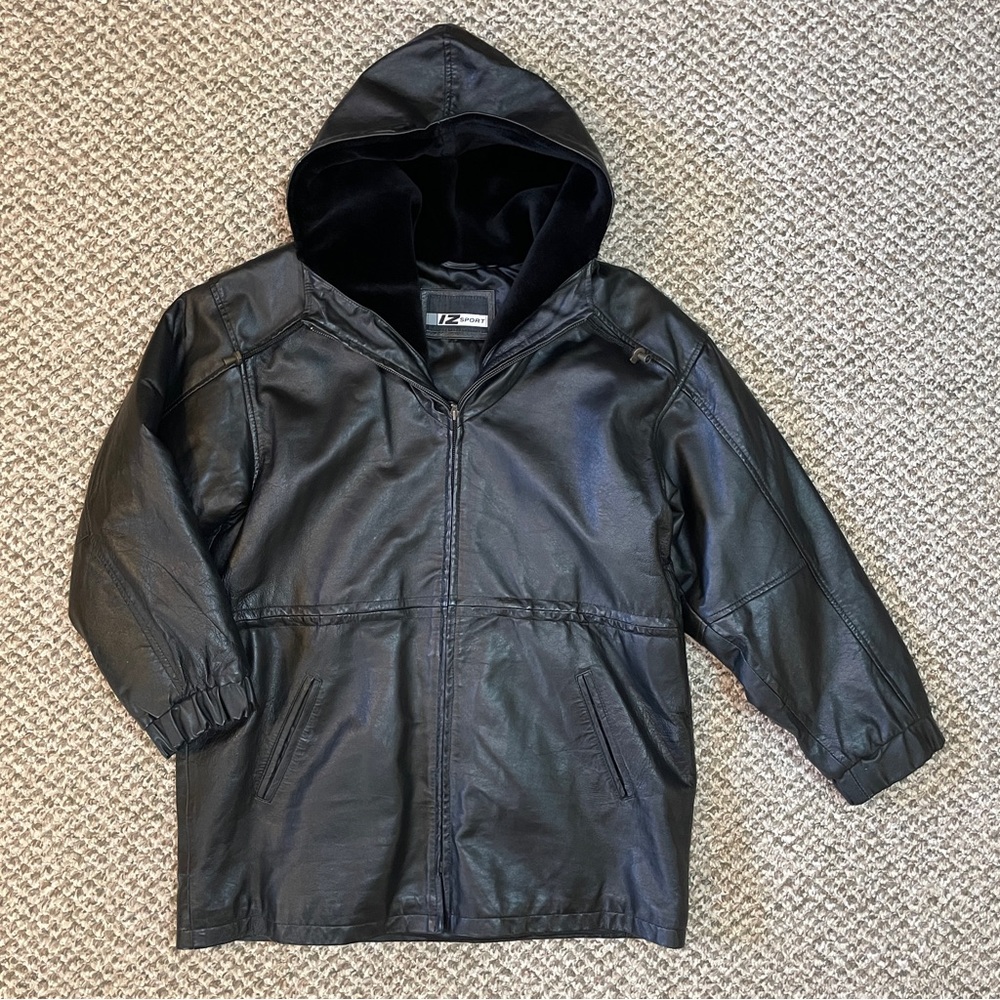 Vintage IZ Sport Genuine Leather Faux Fur Lined Hood Jacket - Black